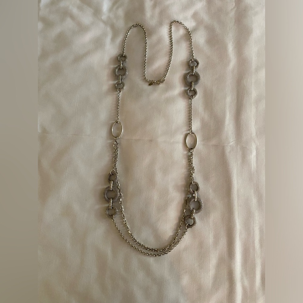 Long adjustable silver tone necklace